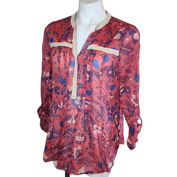 Maeve Anthropology 100% cotton floral‎ blouse size 10 pink red - Picture 1 of 7